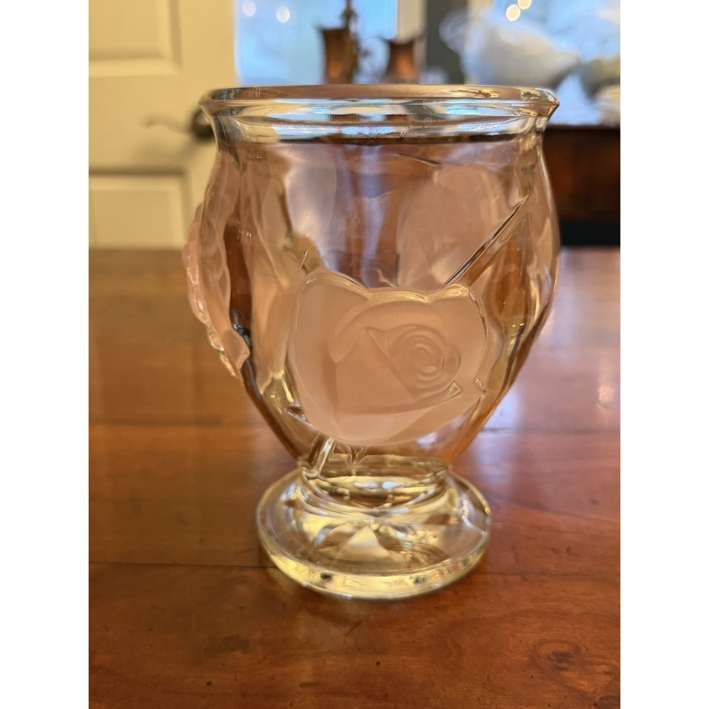 Teleflora Glass Heavy Vase Raised Puff Frosted Pink Roses Lead Crystal France